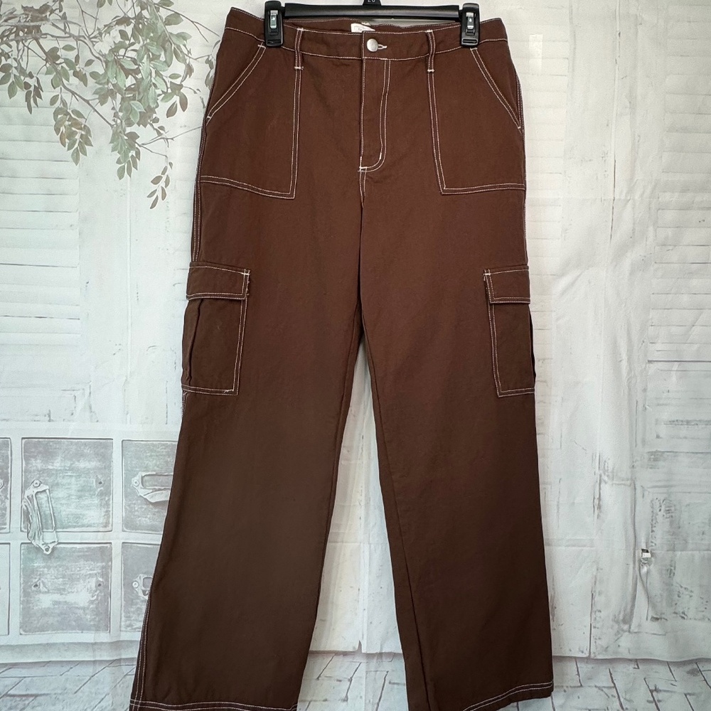 Y2K Full Tilt Womens Brown White Stitch Straight Leg Cargo Pants Sz. XL